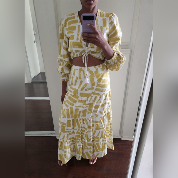 NWT House of Harlow 1960 Top Skirt printed Set Linen Rayon XS/S white mustard - Picture 5 of 5